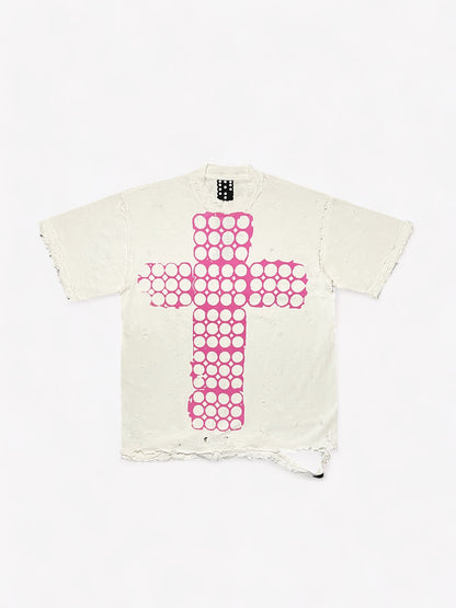 White Distressed Cross Tee